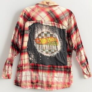 Upcycled Columbia Flannel Shirt “Boy Mama” Patch Plaid Womens L (Hotwheels)